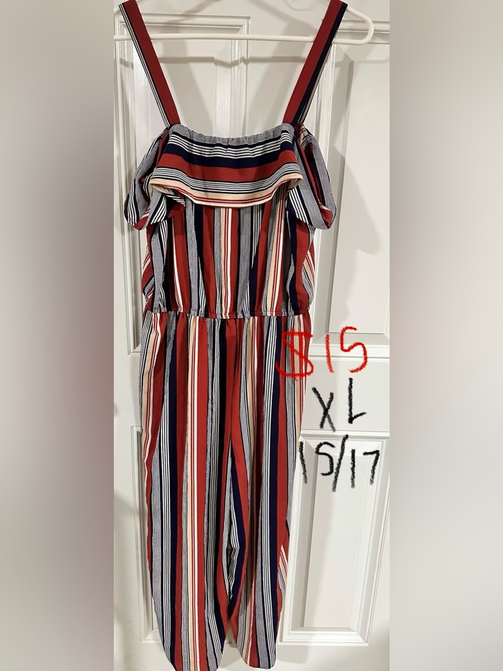 NOBO Red, Navy & Cream Striped Off-Shoulder Jumpsuit